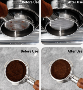 A close-up image of a coffee puck screen and shower screen with espresso brewing equipment in the background.