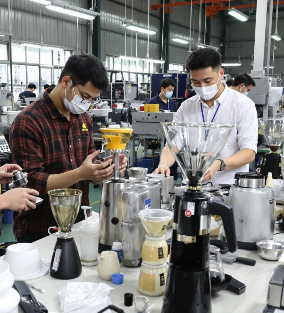 alt text: Technician measuring coffee tool part during production