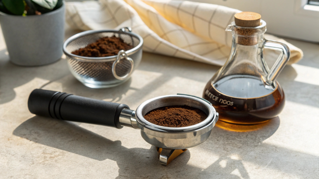 Vinegar bottle next to portafilter with a cross mark