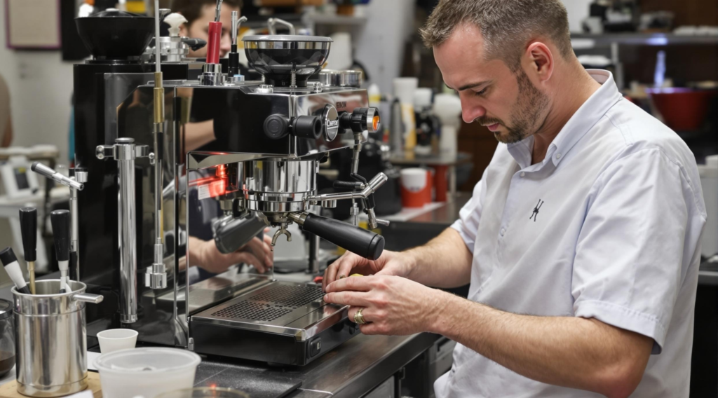 professional barista using WDT in cafe setting