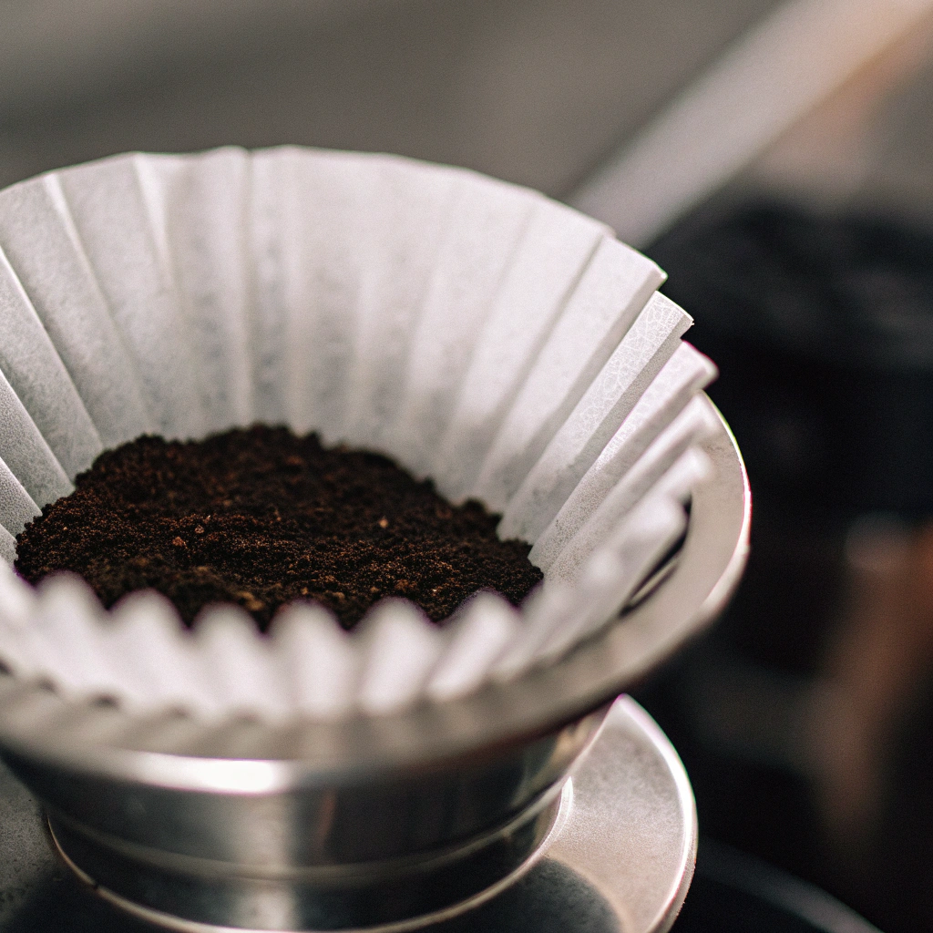 Close up of very fine espresso grounds next to a paper filter for pour over