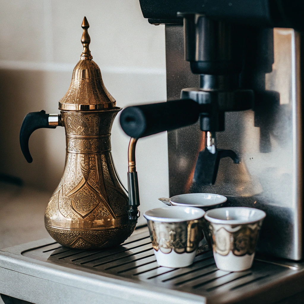 Dallah (Arabic coffee pot) and finjan (small cups) alongside an espresso machine