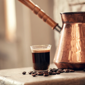 Side-by-side comparison of a rich espresso shot with crema and a traditional Turkish coffee in a cezve pot.