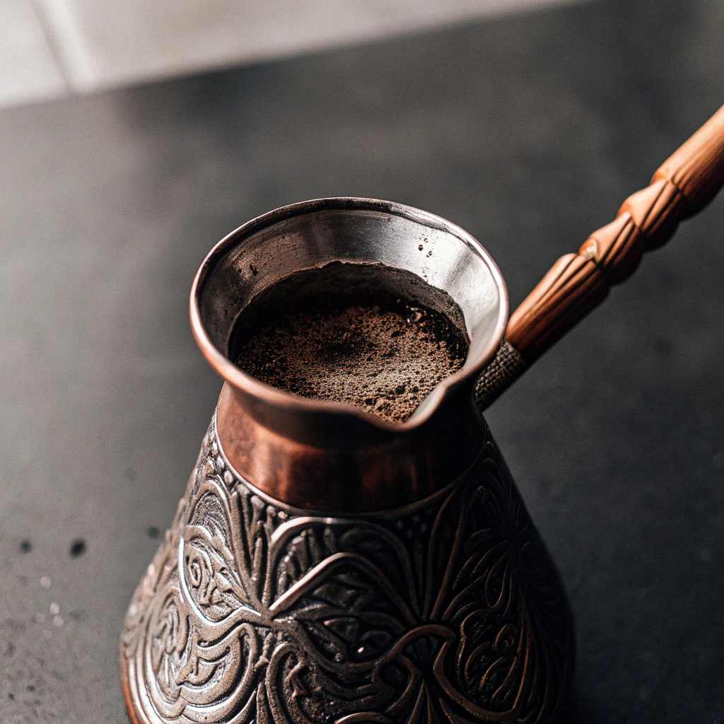 Traditional cezve/ibrik with ornate details, showing coffee grounds