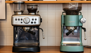 Frustrated person looking at a malfunctioning coffee machine that is not brewing.