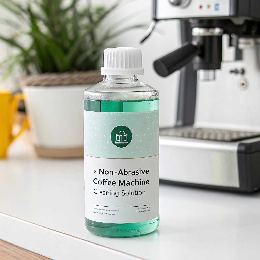 A bottle of non-abrasive coffee machine cleaning solution