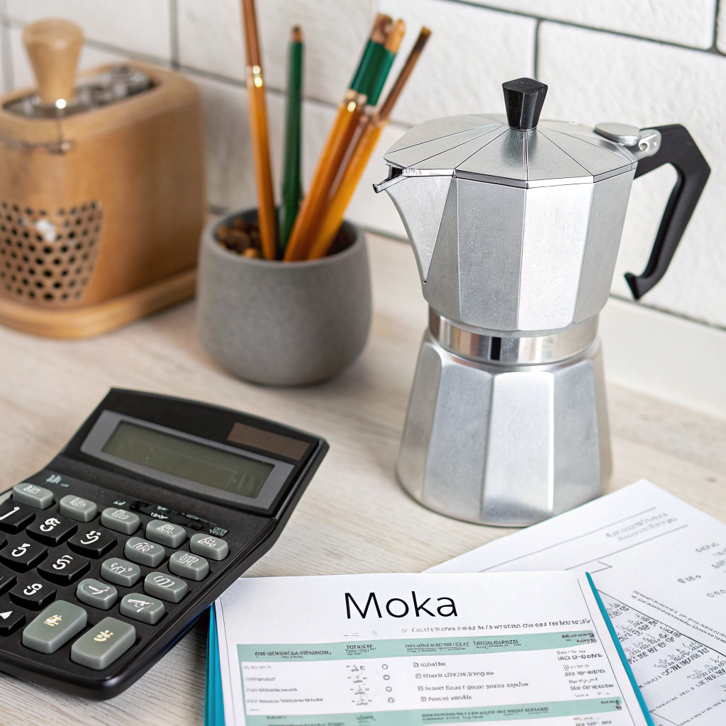 A calculator and invoice next to a Moka pot, representing financial planning