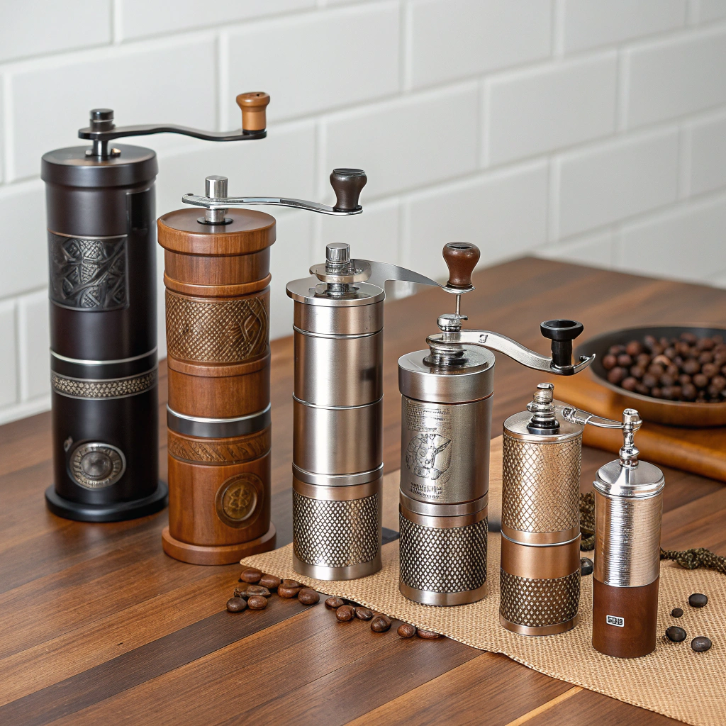 A collection of manual coffee grinders of different sizes and prices