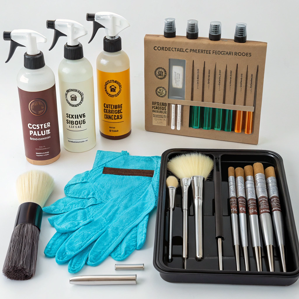 A complete coffee cleaning kit with brushes and solutions