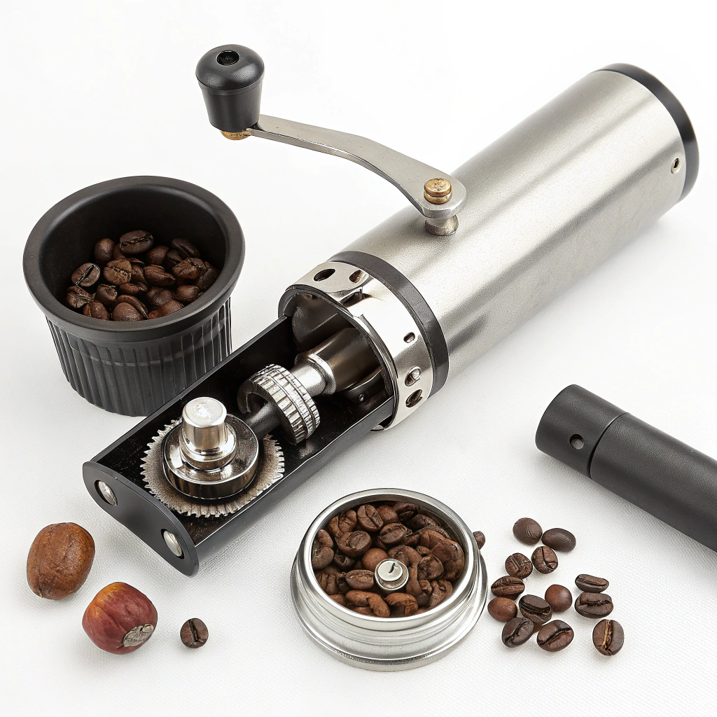 A disassembled manual coffee grinder showing its burrs and parts
