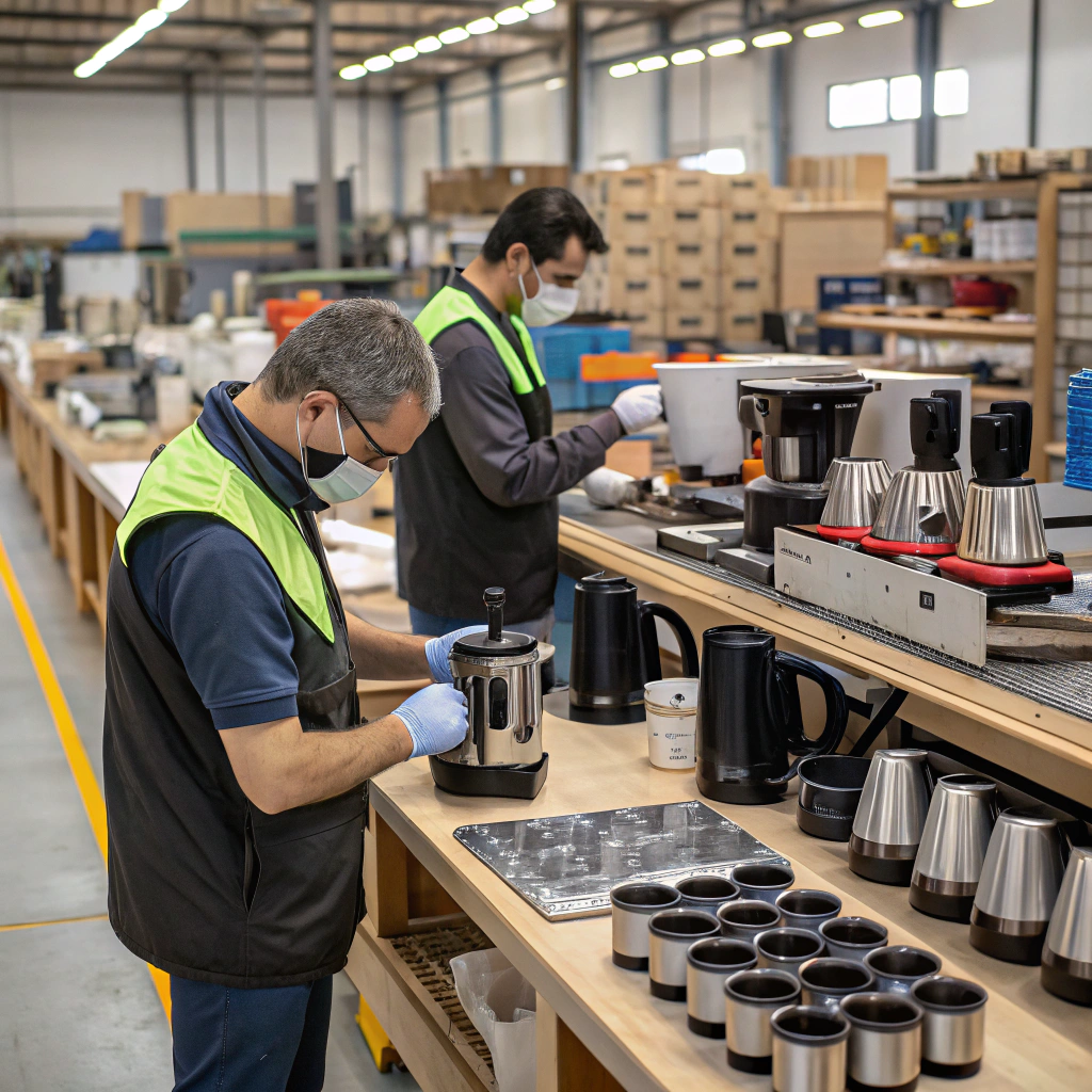 A factory workshop with quality control checks for coffee accessories