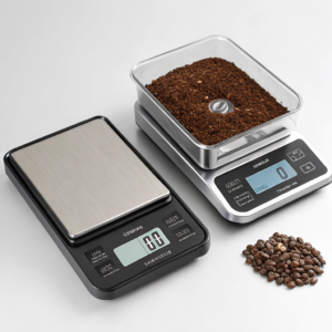 A custom branded barista scale with a company logo sits on a stylish wooden coffee bar, ready for brewing.