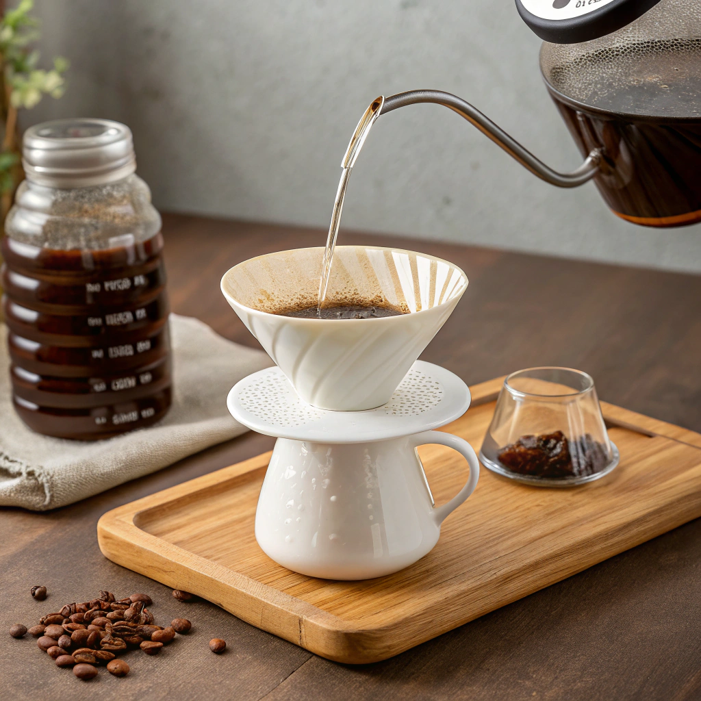 alt text: A V60 dripper with coffee being poured into it