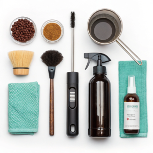 Complete coffee cleaning kit with brushes, tablets, and solutions for espresso machines and grinders