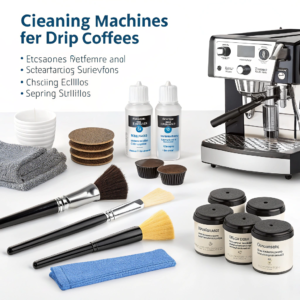 A complete coffee cleaning kit displayed on a surface, including cleaning brushes, a descaling solution bottle, and cleaning tablets.