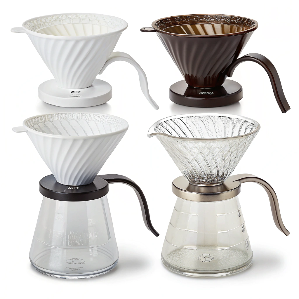 alt text: Four V60 drippers made of plastic, ceramic, glass, and metal