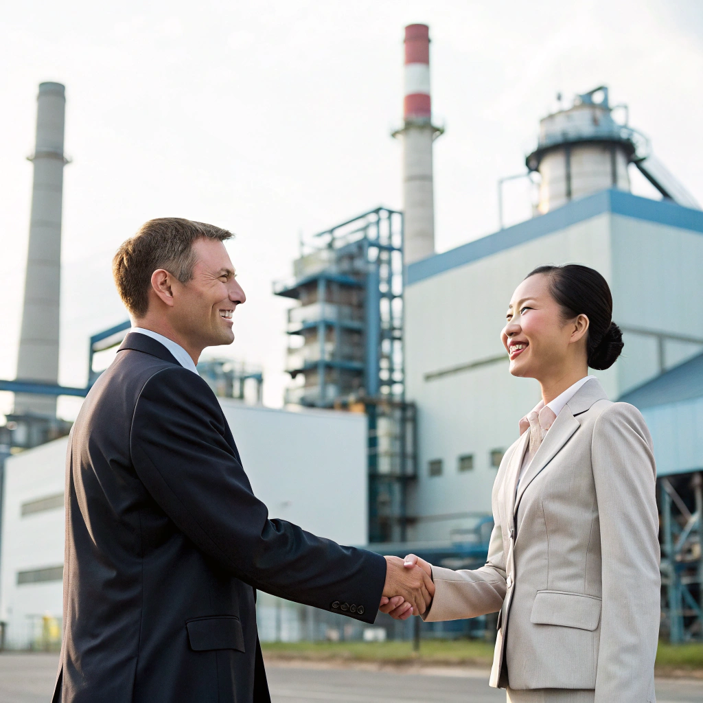 Two business professionals shaking hands in front of a manufacturing facility