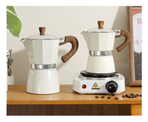 A collection of wholesale Moka pots in different sizes and materials like aluminum and stainless steel ready for shipping.