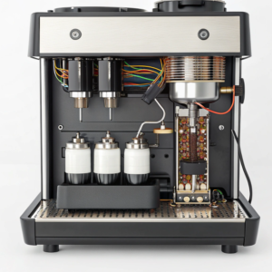 Professional barista maintaining commercial coffee machine components