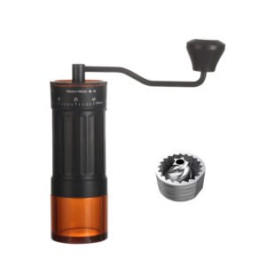 Premium manual burr coffee grinder with fresh beans and ground coffee for optimal extraction