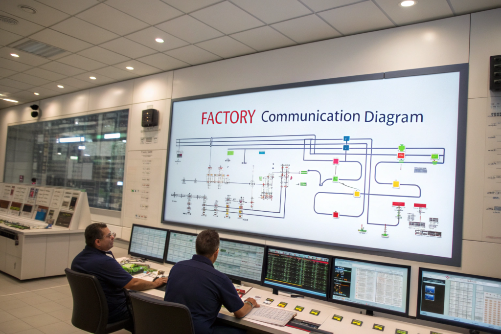 Professional factory communication diagram showing proper information flow