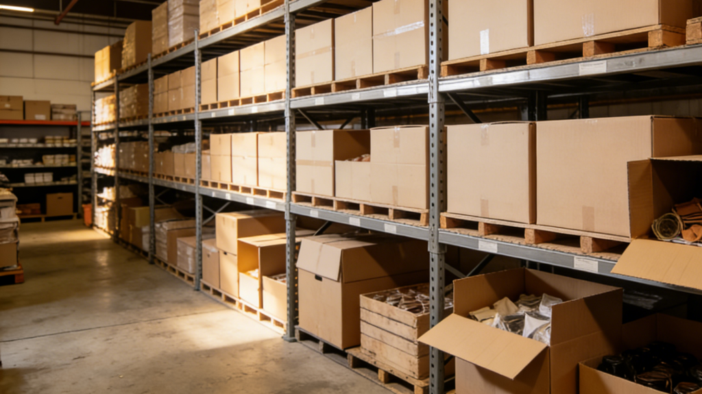 A warehouse with boxes of coffee accessories