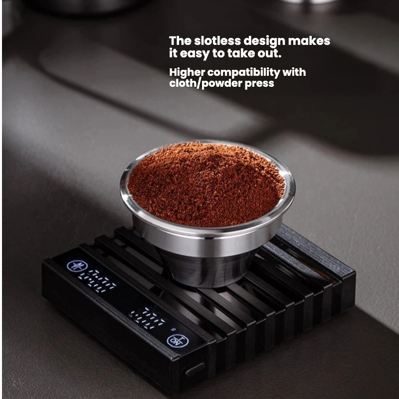 A barista tamping coffee in a step-down portafilter basket